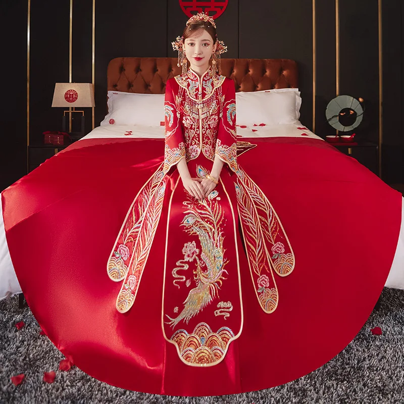 

Classic Mandarin Collar Sequins Beading Cheongsam Embroidery Chinese Wedding Dress Traditional Tassel Qipao китайская одежда