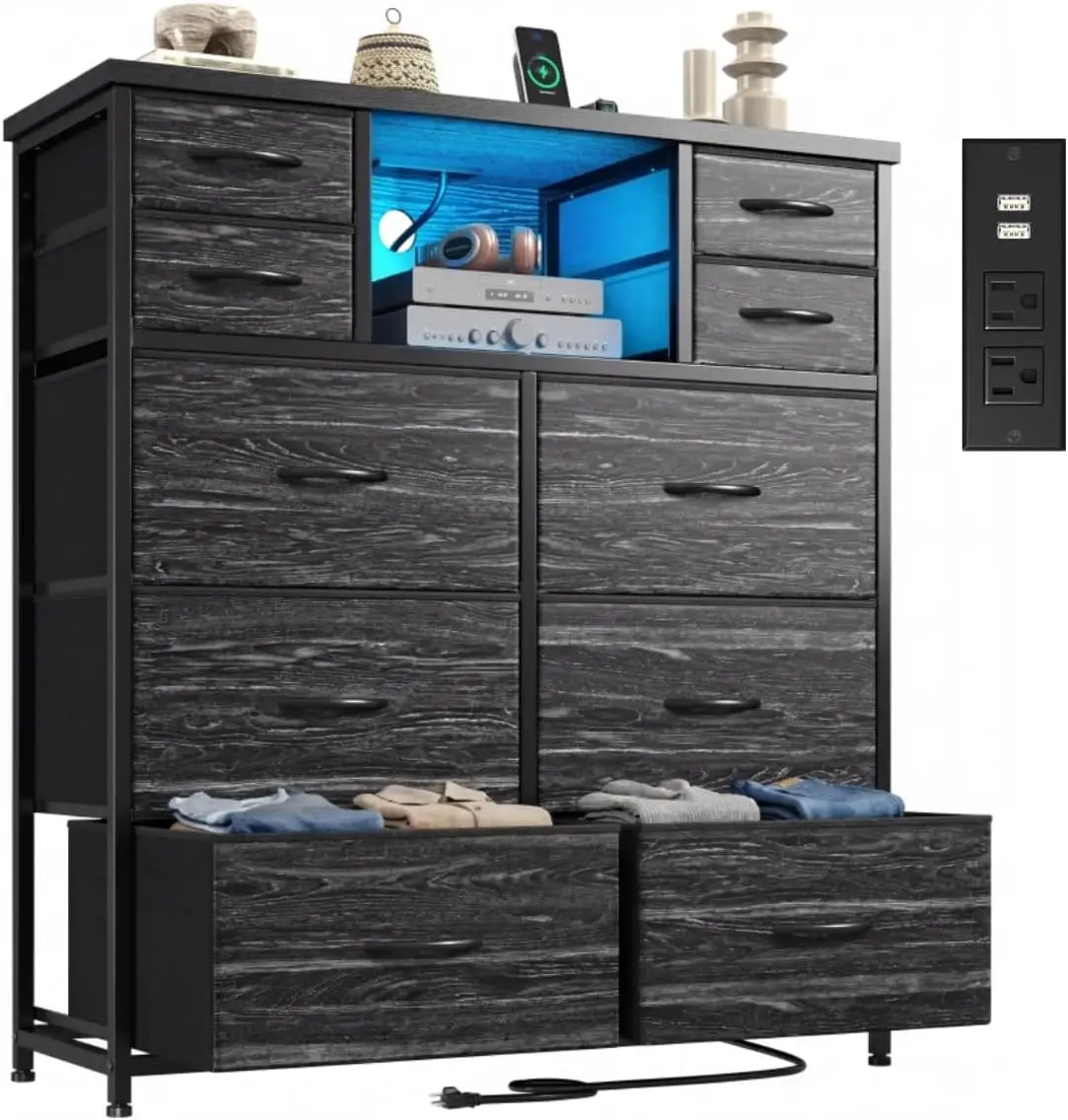 Black Dresser for Bedroom with Charging Station & LED, 10 Drawers