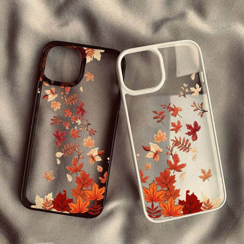 حافظة لهاتف آيفون 16 15 14 17 Pro MAX 13 11 12 XS XR 7 8 Plus غطاء صلب شفاف على شكل أوراق القيقب اللطيفة #1