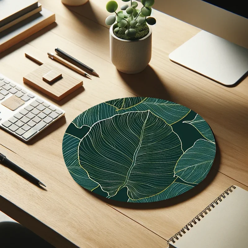 Green Leaf Design Circular Mouse Pad, Suitable for Office and Gaming, Home Desk Mat, Computer and Laptop Decoration