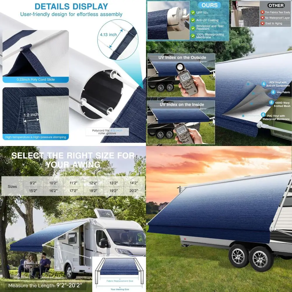 قماش بديل لمظلة RV شديدة التحمل بطول 10 أقدام - فينيل مختوم بالحرارة 18.5 أونصة باللون الأزرق المتدرج، مقاوم للأشعة فوق البنفسجية ومقاوم للعوامل الجوية، Universal Fi #1