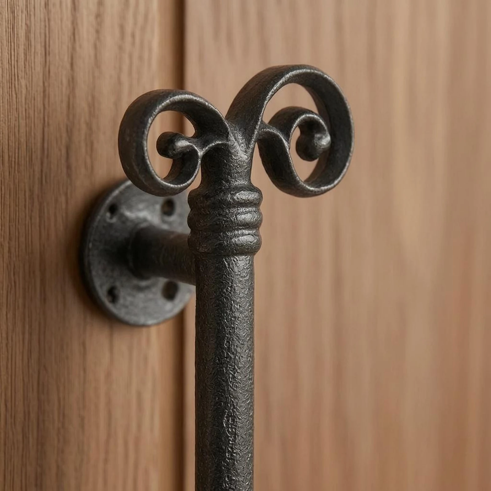 

Cast-Iron Door Pull Handle Circular Mounting Plates Wrought-Iron Style Door Handle Interior Hardware Heavy Duty Artisanal Look