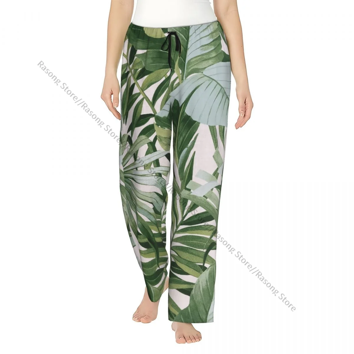 Cozy Flannel Pajama Pants for Women Palm Banana Leaf White Green Tropical Sleep Bottoms Home Loungewear