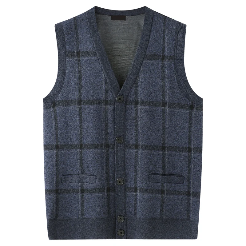 

2024 New Autumn Men Fashion Plaid Wool Cardigan Vest Male V-neck Sweater Jackets Mens Knitted Sleeveless Casual Coats G350