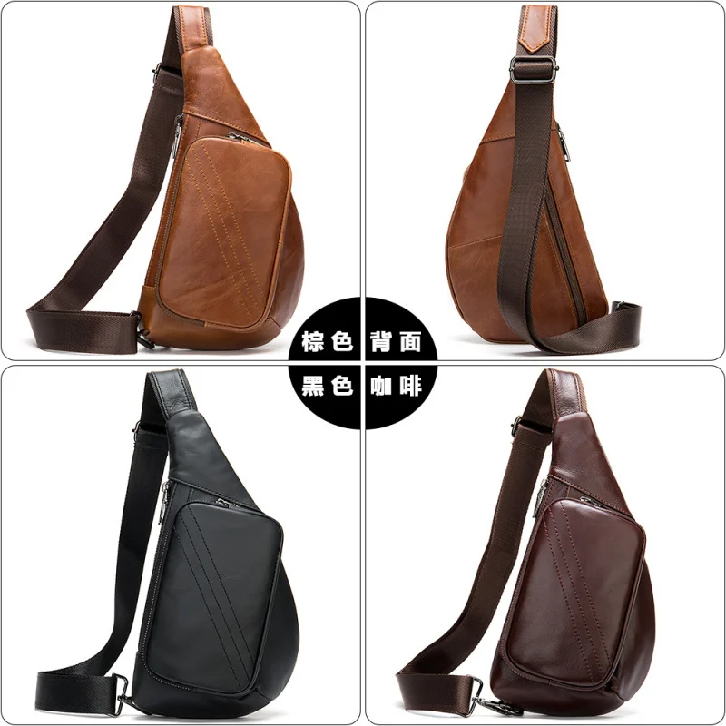 New Men's Cow Leather Chest Bag Man Triangle Shoulder Sports Bag Casual Male Crossbody Bag