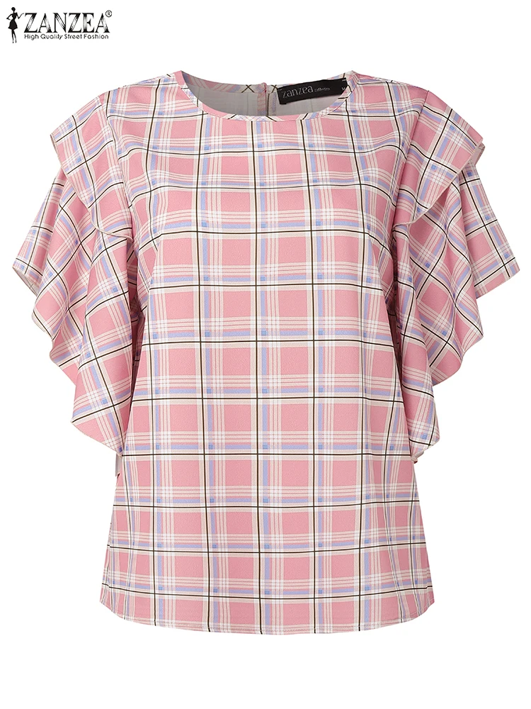 

Fashion Elegant Blouse Women Office Work Tunic 2025 ZANZEA Casual Loose Ruffled Blusas Printed Vintage Plaid Tops Oversized