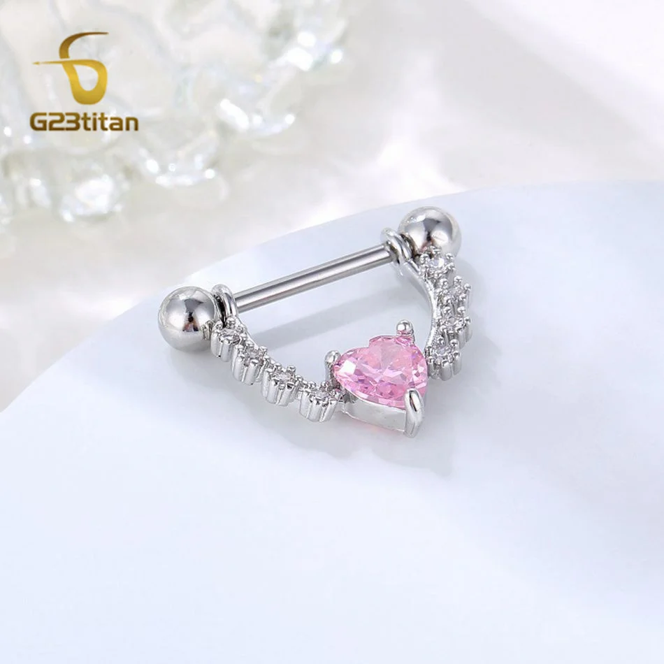 2pc Pink Zircon Heart Nipple Ring 14G Titanium or Steel Straight Barbell Women Sexy Accessories Hypoallergenic Piercing Jewelry