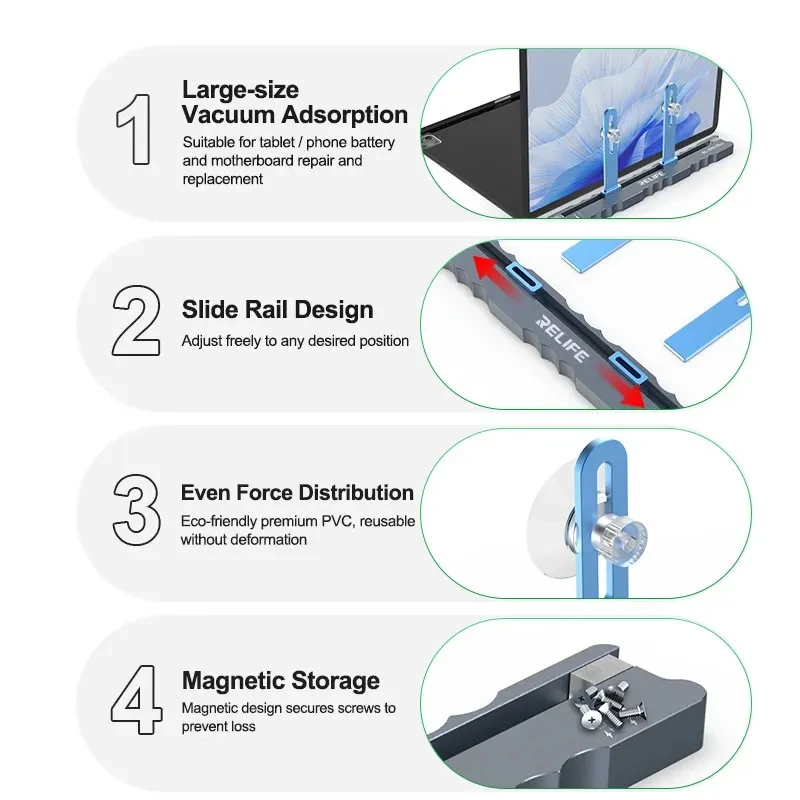 RELIFE RL-092 Plus Screen Repair Holder - Holder with Adjustable Suction Cup, Slide Design and Magnetic Storage for iPad Tablets