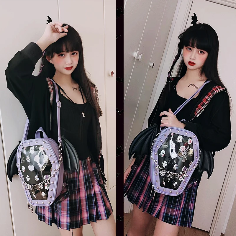 3 Ways Coffin Ita Backpack for Young Girls Women Shoulder Bag Small Clear School Bag Punk Ita Purse Pin Display Bag with 2insert