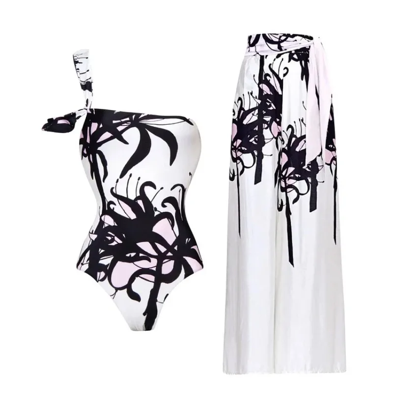 One-Piece Swimsuit Set for Women, Ink and Wash Printed, Chinese Style, New, 2024