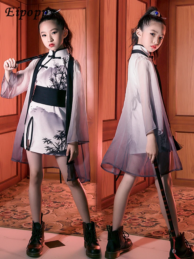 ชุดกี่เพ้าสูทสไตล์จีนพิมพ์ลายหมึกเครื่องแต่งกายแฟชั่นประจำชาติสำหรับเด็กผู้ชายและเด็กผู้หญิง