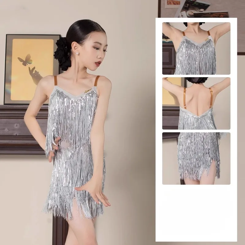 

Customized New Latin Dance Dress for Girls Two Tone Strap and Tassel Skirt Set Performance Costumes Practice Clothing Cha Cha