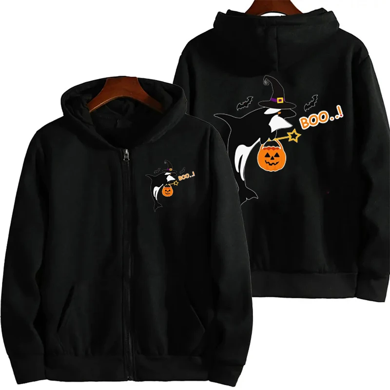 Women's Fleece Hoodies Sportwear Sweatshirts Halloween Whale Print Zip Up Women Classic Zipper Hoodies Hip Hop Streetwear