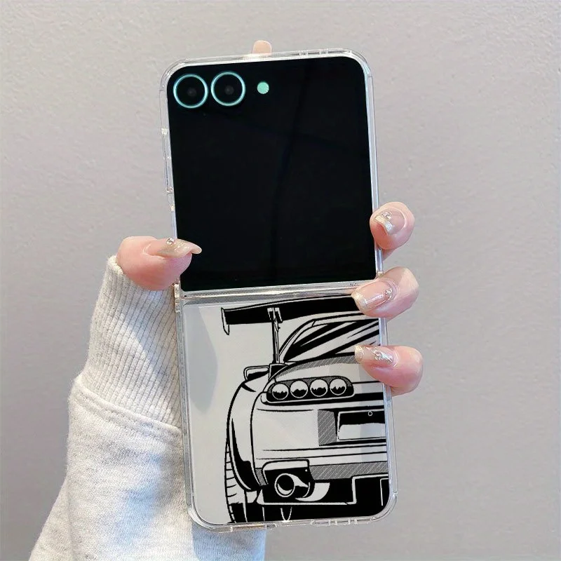 Black line sports car transparent folding phone case suitable for Samsung Galaxy Z Flip7 6 5 4 3 shock-absorbing TPU back cover