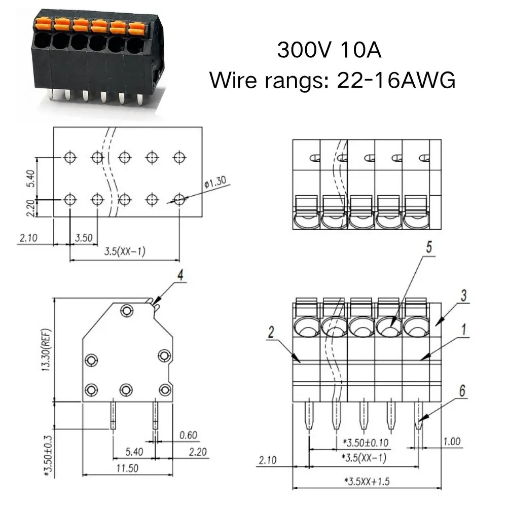 10PCS 3.5mm PLC Screwless Spring PCB Terminal Block Connector KFM736L