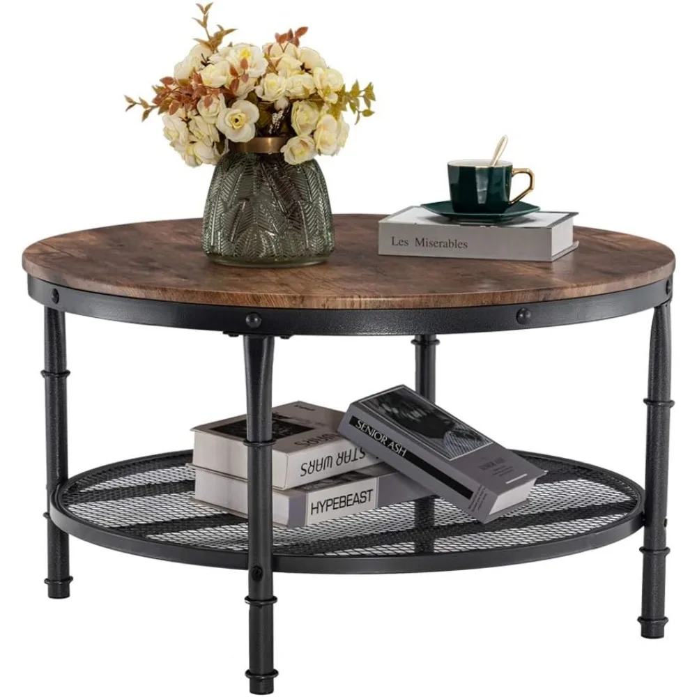 

Round Coffee Table with Storage - 31.5 Rustic Farmhouse Design, Industrial Style with Metal Shelf