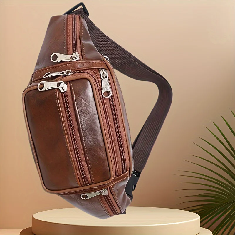Retro Leather Waist Bag for Men, Multi Compartment Large Capacity Phone Bags, Durable for Work, Fashionable New Style