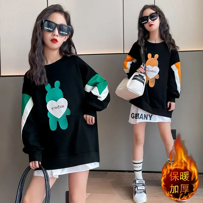 

2023 autumn winter Sweatshirt hoodie Kids bear Print teens Letters dress Child Hoodless plus Velvet girls clothes fashion trend