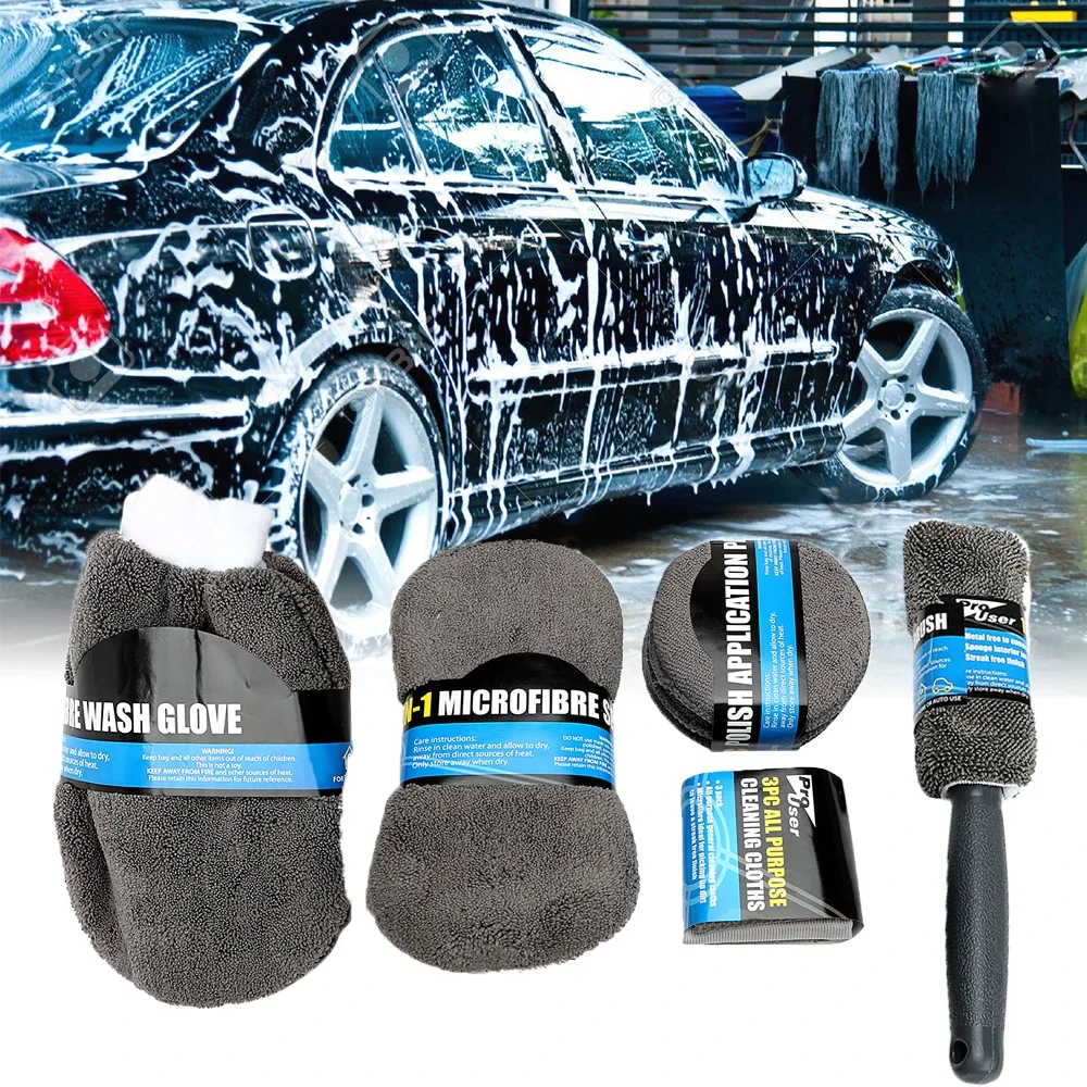 9pcs Set Wash Gloves Brush Sponge Mat Towels Mop Polisher Pads Duster Cloth Motorcycle Washer Car Seat Wheel Door Tire Cleaning