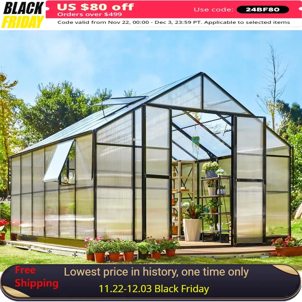 12x13.5x9 FT Greenhouse, Greenhouses with Quick Connect Fittings, 6.7 FT Height Double Doors, 4 Ventilation, Walk in Greenhouse