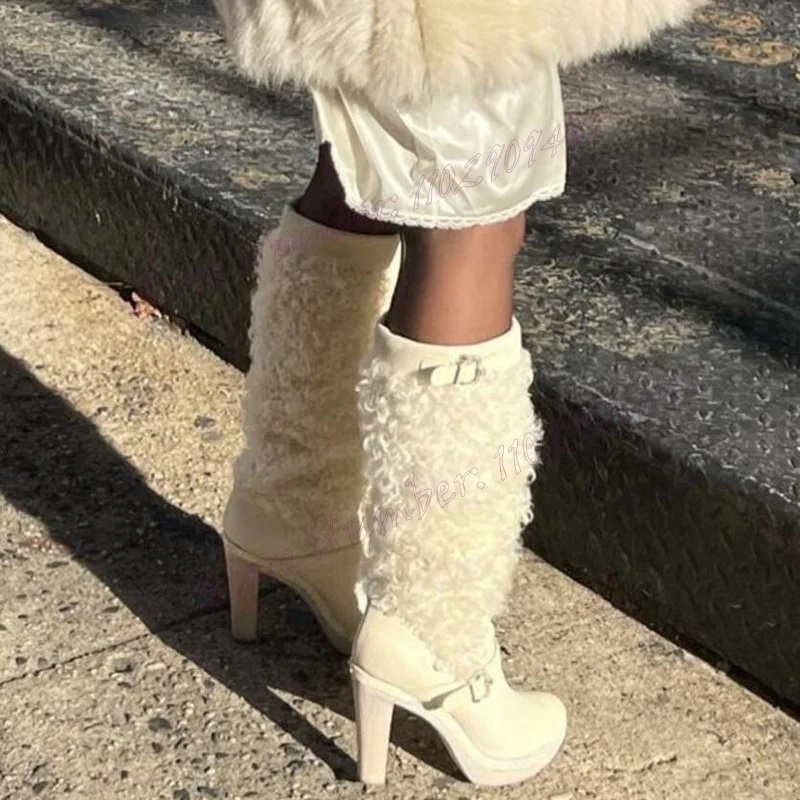 White Fur Decor Knee High Boots Chunky High Heel Shoes for Women Strappy Buckle Winter Snow Boots Shoes 2024 Zapatos Para Mujere