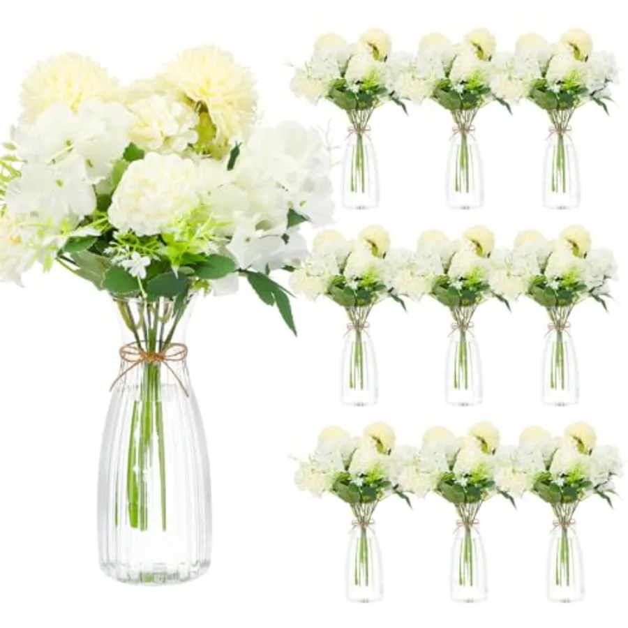 

31 Pack Hydrangea Artificial Flowers with 10 Clear Plastic Vases 20 Bundles Silk Floral Bouquet Faux Arrangement 1 Roll Jute Ro