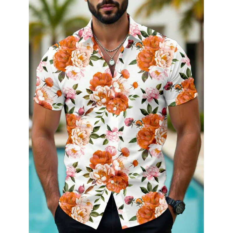 

Men's Floral Pattern Beach Casual Shirts Summer Short Sleeve 3D Flower Printed Street Male Blouse 4XL Plus Size Comfort Shirt
