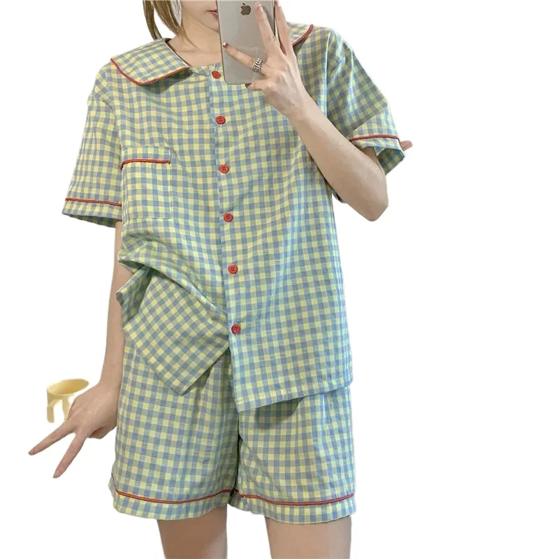 NEW Summer Cute Doll Collar Ins Pajamas Women's Short Sleeved Shorts Checkered Shirt 2025 Home Clothes Set Girl Button Sleepwear