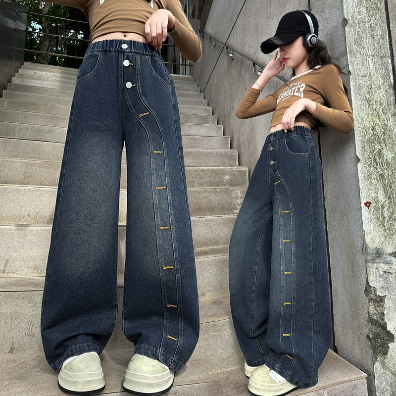 

Asymmetrical New Kids Designer Fashion Jeans with Buttons for Girl Trendy Irregular Style Denim Pants Child Spring Fall Trousers