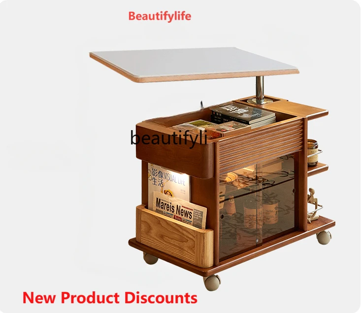 

X188 Coffee Table Living Room New Home Solid Wood Stone Plate Adjustable Wheeled Dining Table Dual-Use Trolley Small Apartment