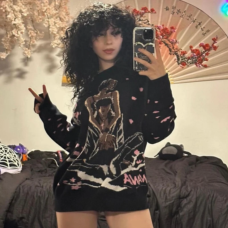 Harajuku Hip Hop Streetwear Sweater Vintage Japanese Style Anime Girl Knitted Long Sleeve Pullover Sweaters 2025 Female Clothes