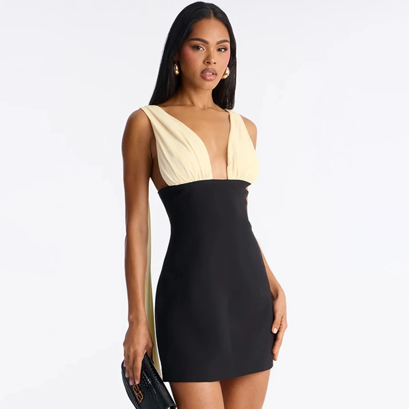 

Typhaland Backless Sexy Plunge Ruched Dress for Women High Waist Evening Party Short Dress Elegant Contrast Female Dress Summer