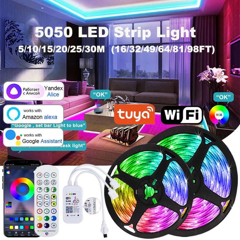 Led Strip Lights Rgb 5050 12V Rgb Led Lights Strip Wifi Led Tape Light Alexa Smart Control Room Decoration Christmas Lights