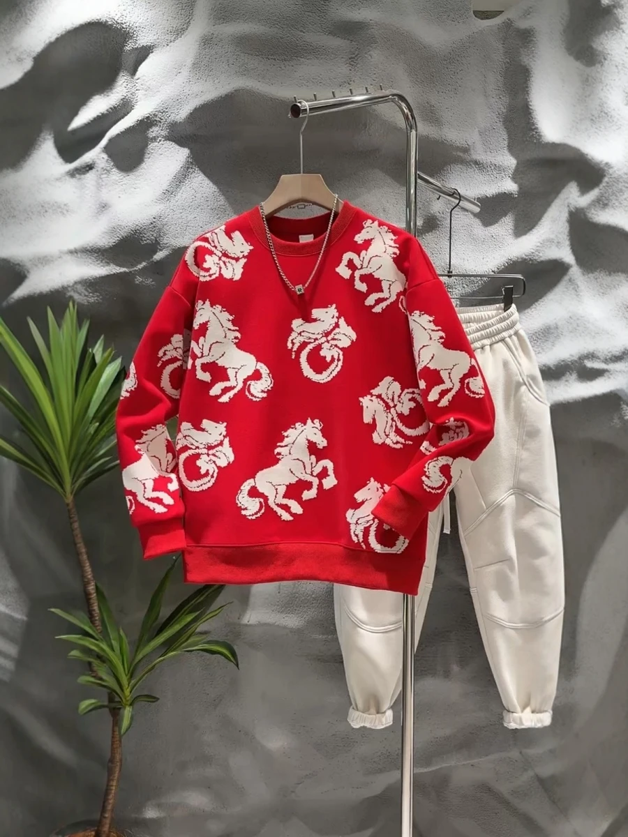 

Модный мужской свитшот с круглым вырезом, красного цвета, с зодиакальным узором, удобный, с длинными рукавами, повседневный, в уличном стиле, осенний.