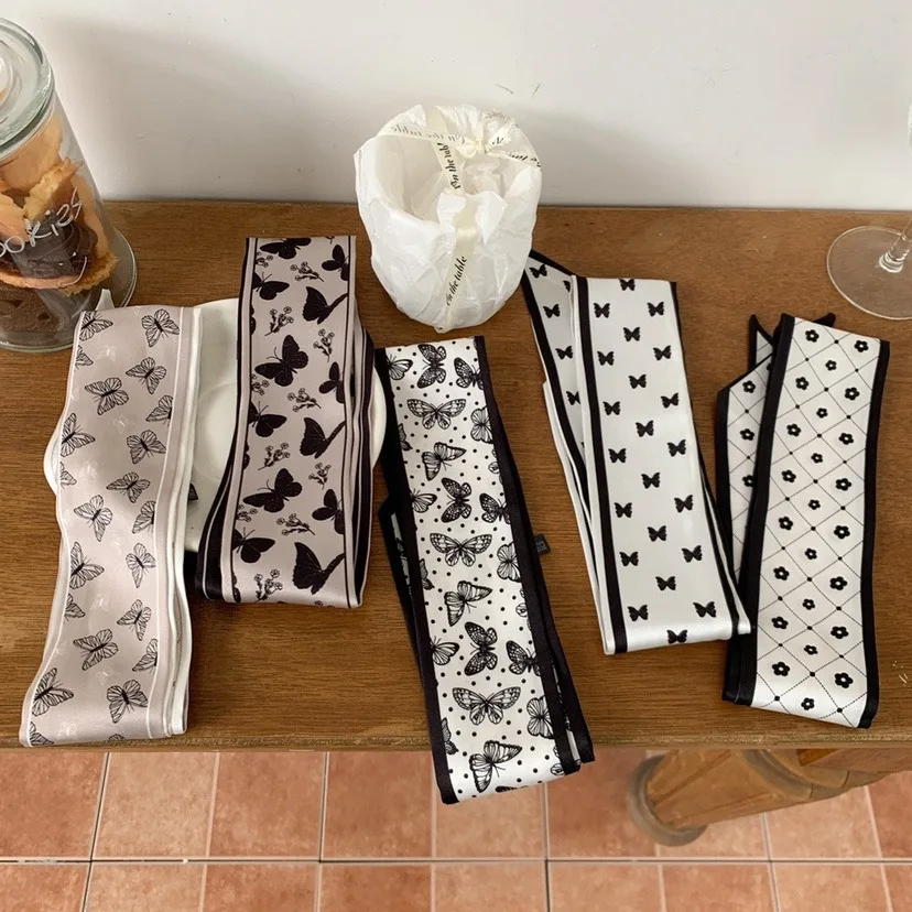 Vintage French Black White Floral Butterfly Print Long Skinny Chiffon Scarf Hair Wrap Braid Headband Tie Bow Knot Women