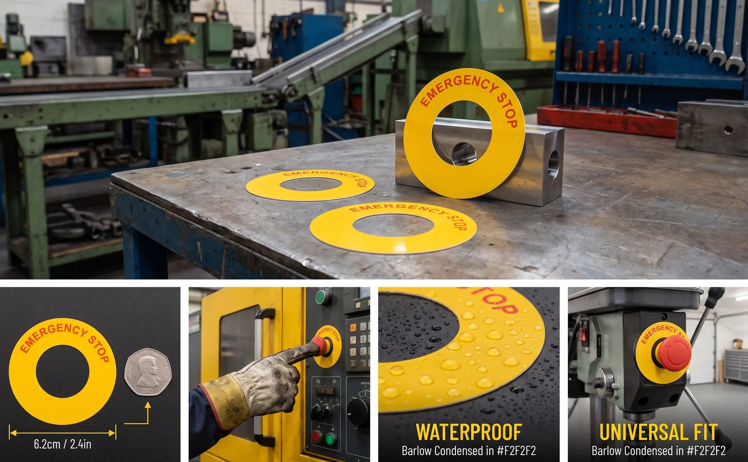 4Pcs Emergency Stop Sign Label Sticker Bright Color PP Material Reliable Adhesion for Machinery Control Panels Electrical