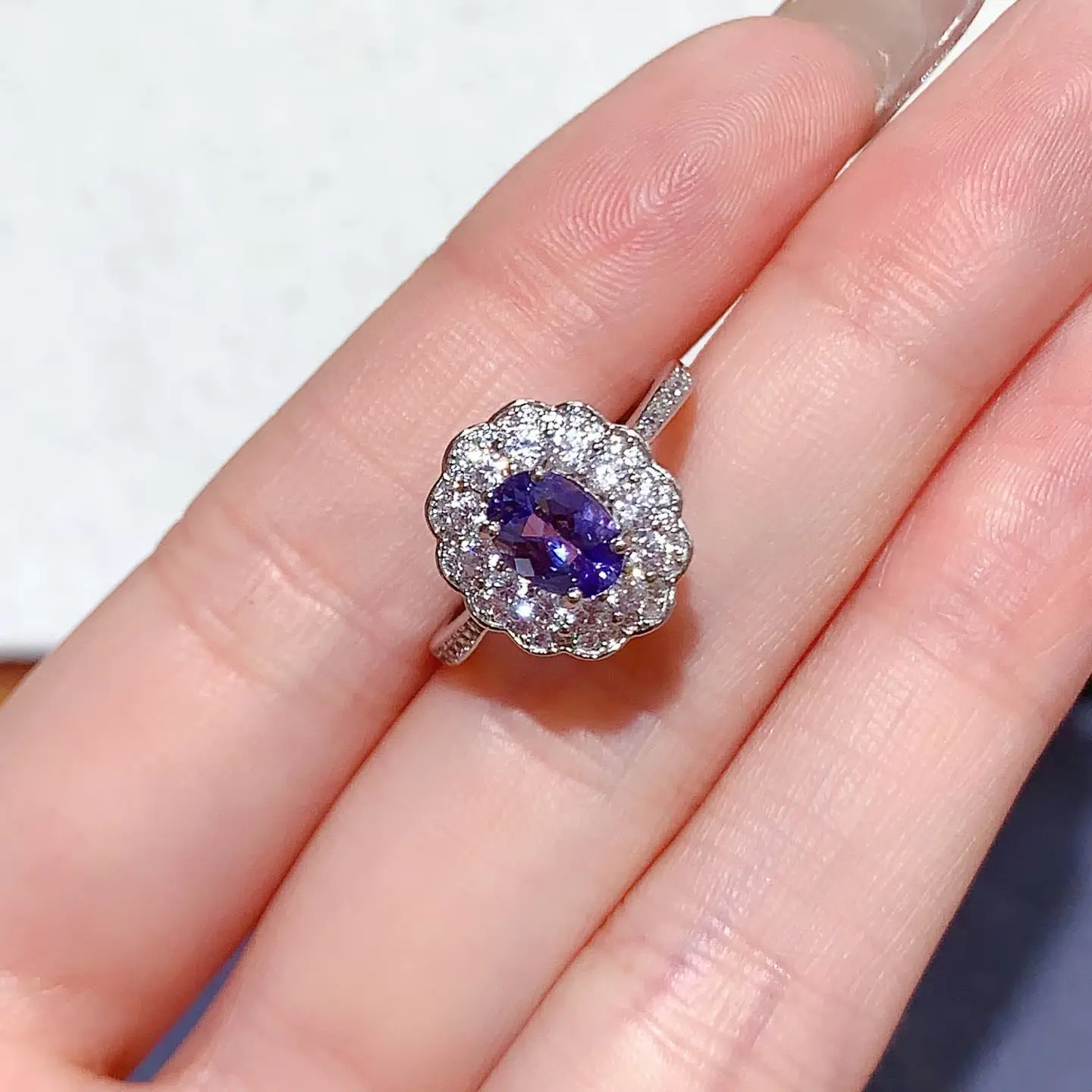 925 Silver Natural 5*7mm Tanzanite Statement Ring Certified Fine Jewelry Platinum Plated Cluster Ring for Women Anniversary Gift