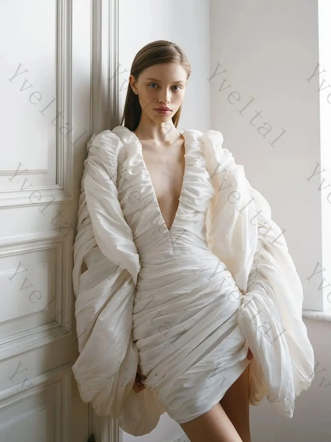 Customized Graceful Unique Temperament Sleeves Short Taffeta Wedding Dresses Deep V-Neck Pleat Fascinating Fashion Bridal Gown