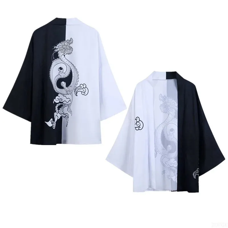 الرجال النساء نفس النمط Ukiyo-e النمط الصيني Longteng Douhe كيمونو فضفاض ثلاثة أرباع كم سترة ثلاثية الأبعاد الرقمية المطبوعة كيمونو