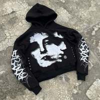 Retro Harajuku Black White Pixel Old Painting Style Faithful Figure Avatar Print Gothic Pattern Y2K Hoodie Men Loose Sports Top