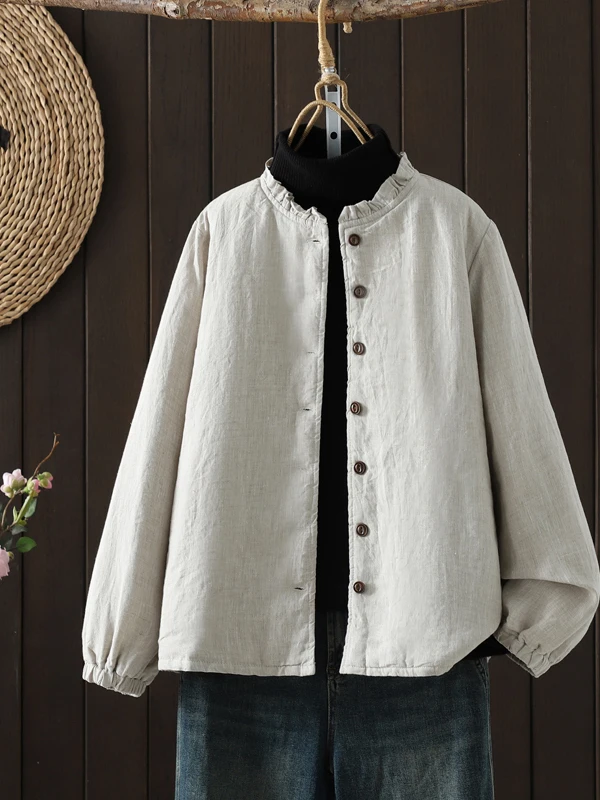 

Thiened Cotton Jaet Women's Stand Collar Ear Musoom Lace Winter Coat Chinese Sle Warm Flax Cotton Blend Long Sve