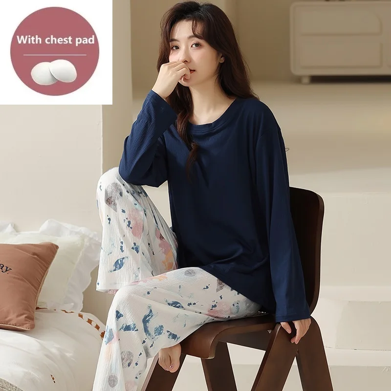 2PCS/Set Women Pajamas Autumn Spring With Chest Pad Cotton Sleepwear Lovely Print Long Sleeve Pyjamas Female Home Suit M-4XL