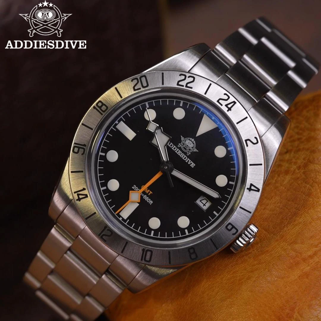 ADDIESDIVE Hot Sale AD2035 GMT Quartz Watch Stainless Steel Luminous 200M Dive Mens Watches Bubble Glass Wristwtach Reloj Hombre