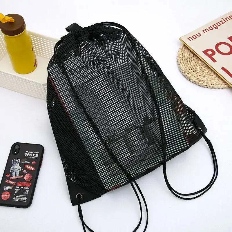 Bolsa de malla portátil para niños, mochila de almacenamiento con cordón, bolsillo para juguetes de playa y piscina, baloncesto