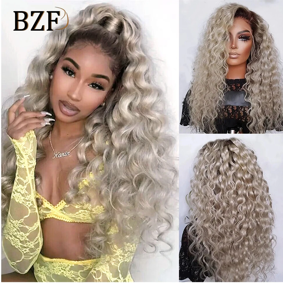 180 Density Ash Blonde Lace Front Synthetic Wigs Deep Wave Curly Wig For Women Cosplay Blonde Wig Heat Resistant Wig Daily Use