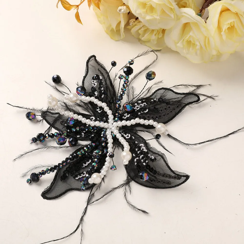 Feather Pearl 3D Organza Flower Patch Crystal Flower Twisted Wire Studded Patch Lace Hand-made Embroidery Patch