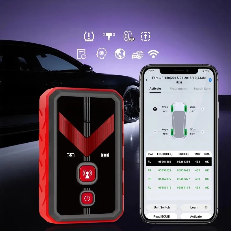 TK100 KONNWEI DIY Tire Pressure Monitoring System Kit 315/433MHz Sensors with TPMS LINK App Smartphone Programming