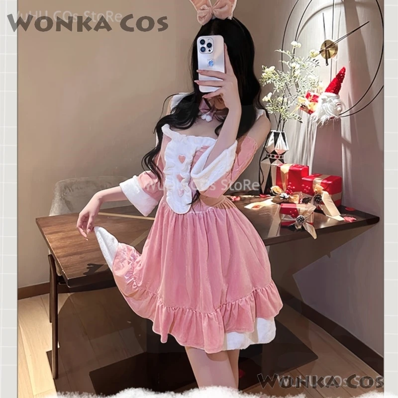 여성용 크리스마스 코스프레 코스튬 세트, 산타 벨벳 토끼 소녀 란제리, 크리스마스 할로윈 파티 코스프레 원피스, 멋진 세트, 2024