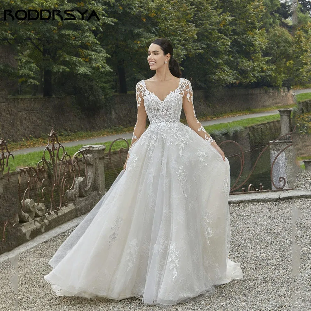 RODDRSYA gaun pengantin renda kerah V lengan panjang yang indah gaun pengantin renda Tulle A-Line ilusi kancing belakang renda Applique renda Vestido De Novia