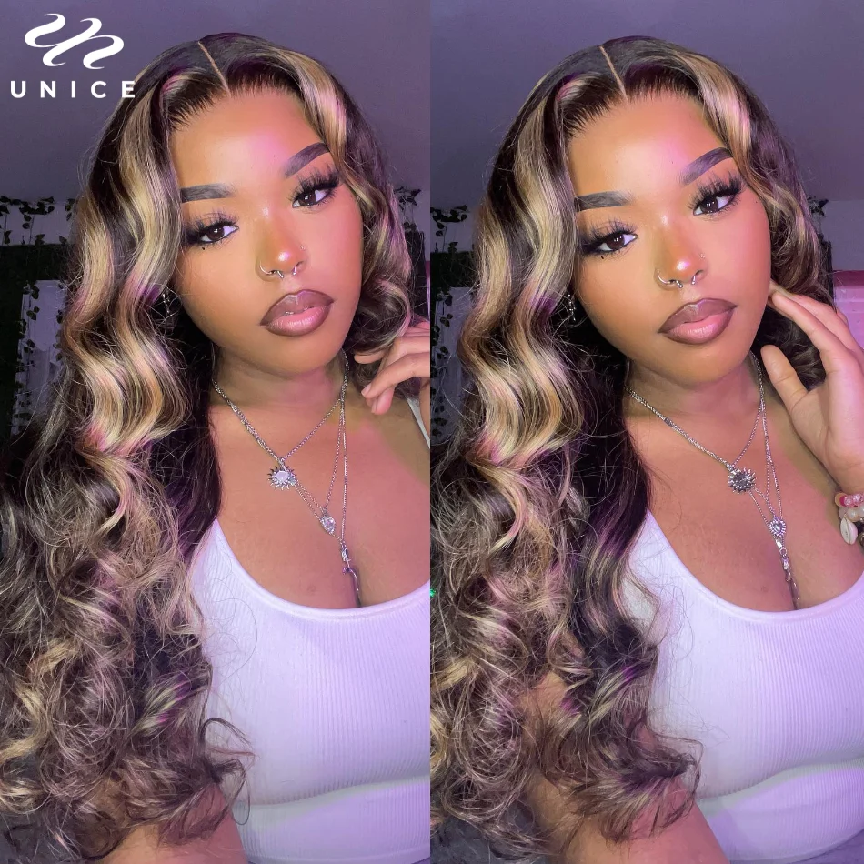 UNice Hair #TN27 Blonde Highlight Body Wave 13x4 Lace Front Human Hair Wig Pre Plucked Lace Frontal Wigs 150% Density